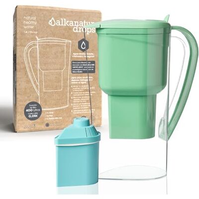 Alkanatur Carafe Filtrante Verte Drops avec Filtre Original Sans Résine Apporte Magnésium pH 9 Capacité 1.4 Litres Eau Hydrogénée Élimine Métaux - Publicité Alkanatur Carafe Filtrante Verte Drops avec Filtre Original Sans Résine Apporte Magnésium pH 9 Capacité 1.4 Litres Eau Hydrogénée Élimine Métaux - Publicité