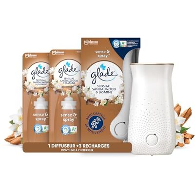 Glade Sense et Spray Diffuseur à Détection de Mouvement Infusé Aux Huiles Essentielles Jusqu'à 2 Mois de Parfum – Sans Parabens Sensual Sandalwood & Jasmine 1 Diffuseur et 3 Recharges x 18ml - Publicité Glade Sense et Spray Diffuseur à Détection de Mouvement Infusé Aux Huiles Essentielles Jusqu'à 2 Mois de Parfum – Sans Parabens Sensual Sandalwood & Jasmine 1 Diffuseur et 3 Recharges x 18ml - Publicité