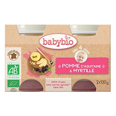 Babybio Petits Pots Pomme d'Aquitaine/Myrtille 2x130 g 4+ Mois BIO - Publicité Babybio Petits Pots Pomme d'Aquitaine/Myrtille 2x130 g 4+ Mois BIO - Publicité