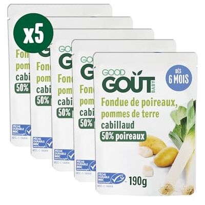 Good Goût Fondue de Poireaux Pommes de Terre Cabillaud Plat cuisiné pour Bébé Dès 6 mois Purée Fabriqué En France Sachets Micro-Ondables 5x190g - Publicité Good Goût Fondue de Poireaux Pommes de Terre Cabillaud Plat cuisiné pour Bébé Dès 6 mois Purée Fabriqué En France Sachets Micro-Ondables 5x190g - Publicité