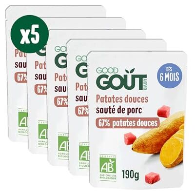 Good Goût Patates Douces Et Sauté De Porc Plat Cuisiné Pour Bébé Dès 6 Mois Purée Lisse Fabriqué En France Sachets Micro-Ondables 5x190g - Publicité Good Goût Patates Douces Et Sauté De Porc Plat Cuisiné Pour Bébé Dès 6 Mois Purée Lisse Fabriqué En France Sachets Micro-Ondables 5x190g - Publicité