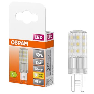 Osram Lampe LED multicolore LED PIN avec douille Retrofit G9, 4,9 W / 806 lm, lumière blanche chaude claire de 2700 K, non dimmable, IP20, verre sans plomb, diamètre 18 mm. Publicité Osram Lampe LED multicolore LED PIN avec douille Retrofit G9, 4,9 W / 806 lm, lumière blanche chaude claire de 2700 K, non dimmable, IP20, verre sans plomb, diamètre 18 mm. Publicité