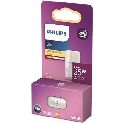 Philips LED ampoule standard, Equivalent 25W halogene, culot G9, éclairage blanc chaud 2700K, 2 pack, nouvelle génération - Publicité Philips LED ampoule standard, Equivalent 25W halogene, culot G9, éclairage blanc chaud 2700K, 2 pack, nouvelle génération - Publicité
