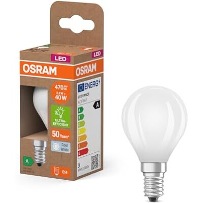 Osram Energy Class en forme de mini bouclassique, 2,2 W / 470 lm, EEK A, lumière blanc froid (4000 K), CRI 80, en verre dépoli sans plomb, culot E14, IP20, 45 mm DM, 6- paquet - Publicité Osram Energy Class en forme de mini bouclassique, 2,2 W / 470 lm, EEK A, lumière blanc froid (4000 K), CRI 80, en verre dépoli sans plomb, culot E14, IP20, 45 mm DM, 6- paquet - Publicité