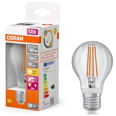 Osram LED Star Classic avec détecteur de mouvement et de lumière du jour, forme d'ampoule, 7,3 W / 806 lm, EEK A, lumière blanc chaud (2700 K), en verre transparent sans plomb, E27, 60 mm DM, lot de 4 - Publicité Osram LED Star Classic avec détecteur de mouvement et de lumière du jour, forme d'ampoule, 7,3 W / 806 lm, EEK A, lumière blanc chaud (2700 K), en verre transparent sans plomb, E27, 60 mm DM, lot de 4 - Publicité