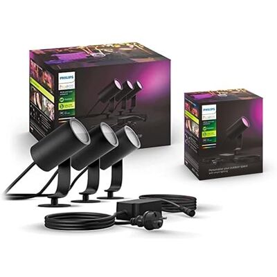 Philips White & Color Ambiance Lily Garden Spot Standard 40 W (590 lm), Lumière Extérieure Dimmable, Contrôle intelligent avec la voix ou application, Noir, Pack de 4 - Publicité Philips White & Color Ambiance Lily Garden Spot Standard 40 W (590 lm), Lumière Extérieure Dimmable, Contrôle intelligent avec la voix ou application, Noir, Pack de 4 - Publicité