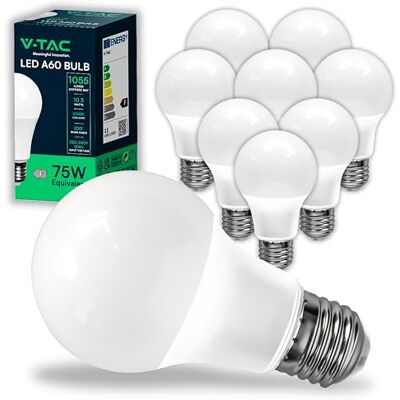 V-TAC 10x Ampoules LED culot E27 10,5W (équivalent 75W) A60-1055 Lumen 6500K Blanc Froid Ouverture du faisceau lumineux 200° Efficacité Maximale et Économie d'Énergie - Publicité V-TAC 10x Ampoules LED culot E27 10,5W (équivalent 75W) A60-1055 Lumen 6500K Blanc Froid Ouverture du faisceau lumineux 200° Efficacité Maximale et Économie d'Énergie - Publicité