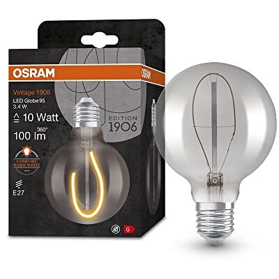 Osram Vintage 1906 smoke tinted LED lamp, 3.4W, 100lm, globe shape with 95mm diameter & E27 base, warm white light, non-dimmable filament, life of up to 15,000 hours - Publicité Osram Vintage 1906 smoke tinted LED lamp, 3.4W, 100lm, globe shape with 95mm diameter & E27 base, warm white light, non-dimmable filament, life of up to 15,000 hours - Publicité