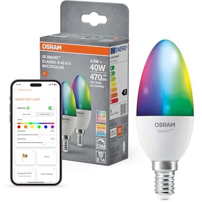 Osram SMART+ Bougie RGB (lot de 2, E14, 9W) – blanc chaud à froid + RGB – compatible Matter via Wi-Fi – Alexa, Google, Apple - Publicité Osram SMART+ Bougie RGB (lot de 2, E14, 9W) – blanc chaud à froid + RGB – compatible Matter via Wi-Fi – Alexa, Google, Apple - Publicité