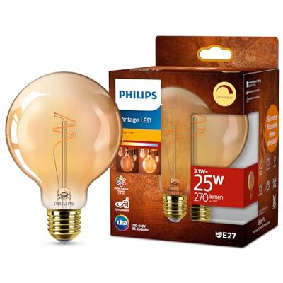 Philips Ampoule Vintage Amber Spiral G95, Dimmable, Sans scintillement, EyeComfort, 270 Lumen, Température 1800 K, 3.1 W=25 W, culot E27, Pack de 1 - Publicité Philips Ampoule Vintage Amber Spiral G95, Dimmable, Sans scintillement, EyeComfort, 270 Lumen, Température 1800 K, 3.1 W=25 W, culot E27, Pack de 1 - Publicité
