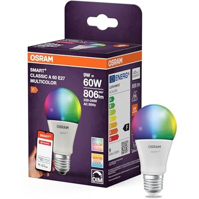 Osram Lampe LED SMART A60 forme d'ampoule E27, 9 W ZigBee 3.0, RGBW 16 millions de couleurs, dimmable, contrôle par application, Alexa - Publicité Osram Lampe LED SMART A60 forme d'ampoule E27, 9 W ZigBee 3.0, RGBW 16 millions de couleurs, dimmable, contrôle par application, Alexa - Publicité