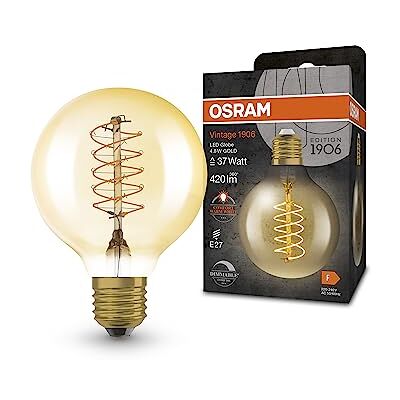 Osram Lampe LED Vintage 1906 avec teinte dorée, 4,8 W, 420lm, forme de balle avec 80 mm de diamètre et prise E27, couleur de lumière blanche chaude, filament en spirale, dimmable de durée de vie - Publicité Osram Lampe LED Vintage 1906 avec teinte dorée, 4,8 W, 420lm, forme de balle avec 80 mm de diamètre et prise E27, couleur de lumière blanche chaude, filament en spirale, dimmable de durée de vie - Publicité