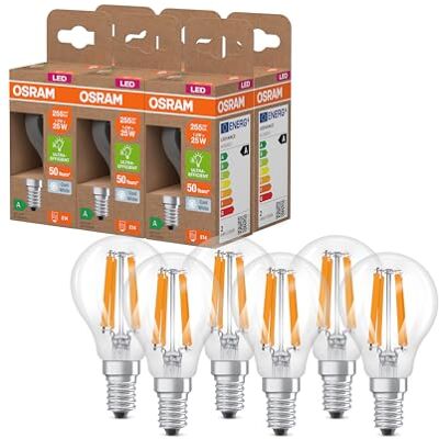 Osram en forme de mini bouclassique, avec filament LED décoratif, classe d'efficacité énergétique A, E14, 1,2 W, 255 lm, 4000 K, blanc froid. Sans échauffement, pack de 6 - Publicité Osram en forme de mini bouclassique, avec filament LED décoratif, classe d'efficacité énergétique A, E14, 1,2 W, 255 lm, 4000 K, blanc froid. Sans échauffement, pack de 6 - Publicité
