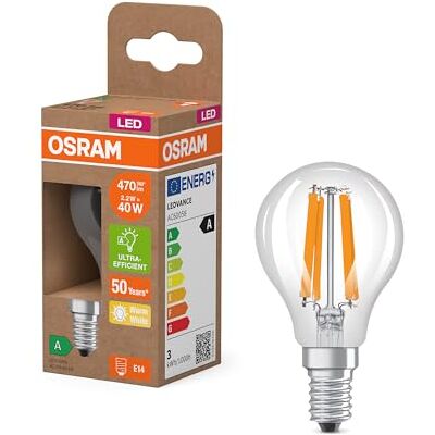 Osram Energy Class en forme de mini bouclassique, 2,2 W / 470 lm, EEK A, lumière blanc chaud (2700 K), CRI 80, en verre transparent sans plomb, culot E14, IP20, 45 mm DM, 6 paquets - Publicité Osram Energy Class en forme de mini bouclassique, 2,2 W / 470 lm, EEK A, lumière blanc chaud (2700 K), CRI 80, en verre transparent sans plomb, culot E14, IP20, 45 mm DM, 6 paquets - Publicité