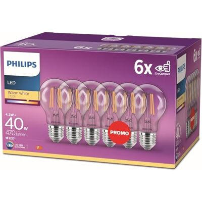 Philips ampoule LED Standard E27 40W Blanc Chaud Claire, Verre, Lot de 6 - Publicité Philips ampoule LED Standard E27 40W Blanc Chaud Claire, Verre, Lot de 6 - Publicité
