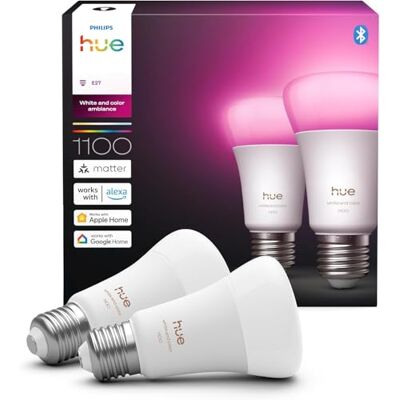 Philips Ampoule connectée LED A60, White and color, Ampoule E27, 8,1 W, Spectre complet 1000-2000 K, 1100 lm, Intensité variable, Compatible Alexa, Google et Apple Home, pack de 2 - Publicité Philips Ampoule connectée LED A60, White and color, Ampoule E27, 8,1 W, Spectre complet 1000-2000 K, 1100 lm, Intensité variable, Compatible Alexa, Google et Apple Home, pack de 2 - Publicité