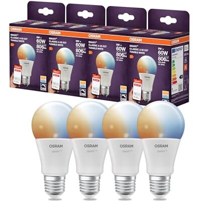 Osram Lampe LED SMART A60, forme d'ampoule E27, 9 W, ZigBee 3.0, blanc réglable 2 700-6 500 K, intensité variable, Alexa, Google Assistant,4-Pack - Publicité Osram Lampe LED SMART A60, forme d'ampoule E27, 9 W, ZigBee 3.0, blanc réglable 2 700-6 500 K, intensité variable, Alexa, Google Assistant,4-Pack - Publicité