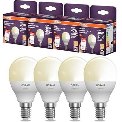 Osram Lampe LED intelligente P40 mini boule E14, 4,9 W, ZigBee 3.0, intensité variable, blanc chaud 2 700 K, contrôle par application, Alexa, Smart Home,4-Pack - Publicité Osram Lampe LED intelligente P40 mini boule E14, 4,9 W, ZigBee 3.0, intensité variable, blanc chaud 2 700 K, contrôle par application, Alexa, Smart Home,4-Pack - Publicité