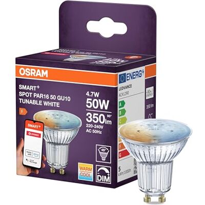 Osram Spot LED SMART PAR16, réflecteur GU10, 4,7 W, ZigBee 3.0, blanc réglable 2 700-6 500 K, intensité variable, contrôle par application, Alexa - Publicité Osram Spot LED SMART PAR16, réflecteur GU10, 4,7 W, ZigBee 3.0, blanc réglable 2 700-6 500 K, intensité variable, contrôle par application, Alexa - Publicité
