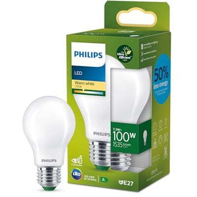 Philips , ampoule LED Ultra Efficient Classe A, 100W, culot E27, blanc chaud 2700K, dépolie, verre - Publicité Philips , ampoule LED Ultra Efficient Classe A, 100W, culot E27, blanc chaud 2700K, dépolie, verre - Publicité