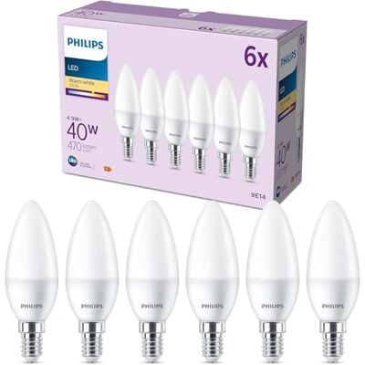 Philips Lighting 929003541136 pack de 6 ampoules LED E14 format flamme, 40W, blanc chaud - Publicité Philips Lighting 929003541136 pack de 6 ampoules LED E14 format flamme, 40W, blanc chaud - Publicité