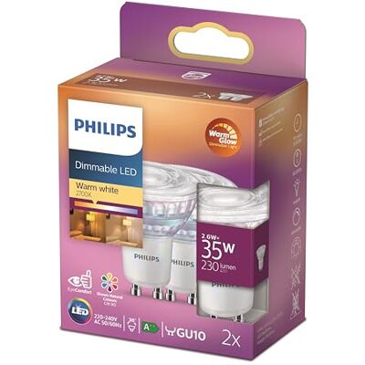 Philips ampoule LED Spot GU10 35W Blanc Chaud Compatible Variateur, Verre, Lot de 2 - Publicité Philips ampoule LED Spot GU10 35W Blanc Chaud Compatible Variateur, Verre, Lot de 2 - Publicité
