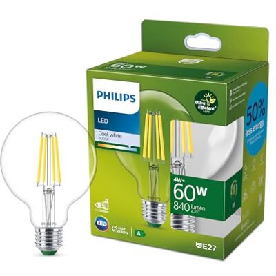 Philips ampoule LED Ultra Efficient Classe A, 60W, format globe, culot E27, blanc froid 4000K, transparente - Publicité Philips ampoule LED Ultra Efficient Classe A, 60W, format globe, culot E27, blanc froid 4000K, transparente - Publicité