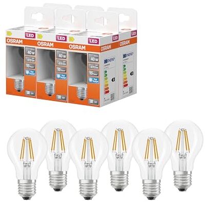 Osram Lampe LED forme étoile A40 filament, 6500 K blanc froid lumière du jour, 3,4 W, E27, claire, 470 lm, 15 000 h, pour lieux de travail, éclairage de bureau,6-Pack - Publicité Osram Lampe LED forme étoile A40 filament, 6500 K blanc froid lumière du jour, 3,4 W, E27, claire, 470 lm, 15 000 h, pour lieux de travail, éclairage de bureau,6-Pack - Publicité