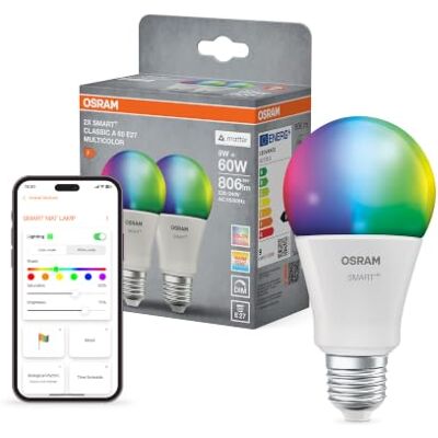 Osram SMART+ Ampoule RGB (lot de 2, E27, 9W) – lumière blanche réglable + couleurs – Matter via Wi-Fi – Alexa, Google, Apple - Publicité Osram SMART+ Ampoule RGB (lot de 2, E27, 9W) – lumière blanche réglable + couleurs – Matter via Wi-Fi – Alexa, Google, Apple - Publicité