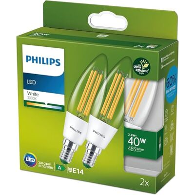 Philips ampoules LED Ultra Efficient E14, format flamme, classe enérgétique A, équivalent 40W, 3000K, verre, transparente, lot de 2 - Publicité Philips ampoules LED Ultra Efficient E14, format flamme, classe enérgétique A, équivalent 40W, 3000K, verre, transparente, lot de 2 - Publicité