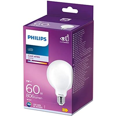 Philips ampoule LED Globe E27 60W Blanc Froid Dépolie, verre - Publicité Philips ampoule LED Globe E27 60W Blanc Froid Dépolie, verre - Publicité