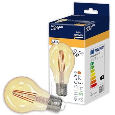 MÜLLER LICHT Müller-Licht Lot de 5 ampoules LED rétro en forme de poire E27 avec technologie de filament innovante, lumière blanche super chaude (2000 K) pour une atmosphère agréable, verre, 4,5 W, doré, 4010731 - Publicité MÜLLER LICHT Müller-Licht Lot de 5 ampoules LED rétro en forme de poire E27 avec technologie de filament innovante, lumière blanche super chaude (2000 K) pour une atmosphère agréable, verre, 4,5 W, doré, 4010731 - Publicité