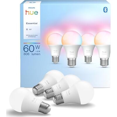 Philips Essential Ampoule Connectée LED A60, White and Color Ambiance, Ampoule E27, 8W, 2200-6500 K, 806 lm, Intensité réglable, Compatible Alexa, Google et Apple Home, Pack de 4 - Publicité Philips Essential Ampoule Connectée LED A60, White and Color Ambiance, Ampoule E27, 8W, 2200-6500 K, 806 lm, Intensité réglable, Compatible Alexa, Google et Apple Home, Pack de 4 - Publicité