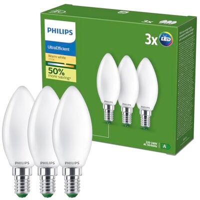 Philips UltraEfficient Ampoule LED, Pack de 3, B35, E14, 485 Lumens, 40 W, Basse Consommation, EyeComfort, Longue Durée de Vie, Lumière Blanc Chaud 2700 K, Design Classique, Dépolie - Publicité Philips UltraEfficient Ampoule LED, Pack de 3, B35, E14, 485 Lumens, 40 W, Basse Consommation, EyeComfort, Longue Durée de Vie, Lumière Blanc Chaud 2700 K, Design Classique, Dépolie - Publicité