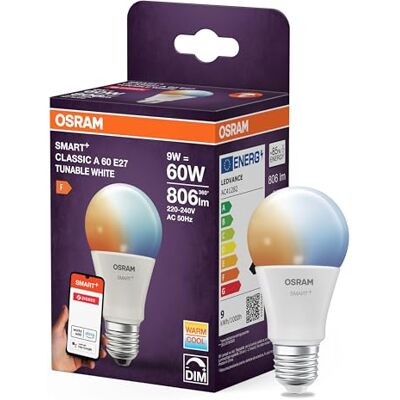 Osram Lampe LED SMART A60, forme d'ampoule E27, 9 W, ZigBee 3.0, blanc réglable 2 700-6 500 K, intensité variable, Alexa, Google Assistant - Publicité Osram Lampe LED SMART A60, forme d'ampoule E27, 9 W, ZigBee 3.0, blanc réglable 2 700-6 500 K, intensité variable, Alexa, Google Assistant - Publicité