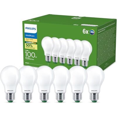 Philips UltraEfficient Ampoule LED, Pack de 6, A60, E27, 1535 Lumens, 100 W, Basse Consommation, EyeComfort, Longue Durée de Vie, Lumière Blanc Chaud 2700 K, Design Classique, Dépolie - Publicité Philips UltraEfficient Ampoule LED, Pack de 6, A60, E27, 1535 Lumens, 100 W, Basse Consommation, EyeComfort, Longue Durée de Vie, Lumière Blanc Chaud 2700 K, Design Classique, Dépolie - Publicité