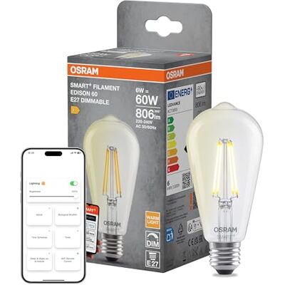 Osram Lampe LED SMART+ Edison, forme d'ampoule E27, optique à filament, blanc chaud 2700 K, dimmable, contrôle par application, compatible avec Alexa et Google - Publicité Osram Lampe LED SMART+ Edison, forme d'ampoule E27, optique à filament, blanc chaud 2700 K, dimmable, contrôle par application, compatible avec Alexa et Google - Publicité