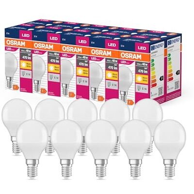 Osram Valeur d'étoile LED Classic P40 LAMPE LED pour la prise E14, forme de goutte, FR, 470 lumens, blanc chaud (2700k), remplacement des ampoules de 40W conventionnelles, non dimmables, 10 pack - Publicité Osram Valeur d'étoile LED Classic P40 LAMPE LED pour la prise E14, forme de goutte, FR, 470 lumens, blanc chaud (2700k), remplacement des ampoules de 40W conventionnelles, non dimmables, 10 pack - Publicité