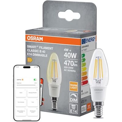 Osram Ampoule LED SMART+ B40, forme bougie E14, filament transparent, blanc chaud 2700 K, intensité variable, compatible avec Alexa, Google Home, Matter via WiFi - Publicité Osram Ampoule LED SMART+ B40, forme bougie E14, filament transparent, blanc chaud 2700 K, intensité variable, compatible avec Alexa, Google Home, Matter via WiFi - Publicité