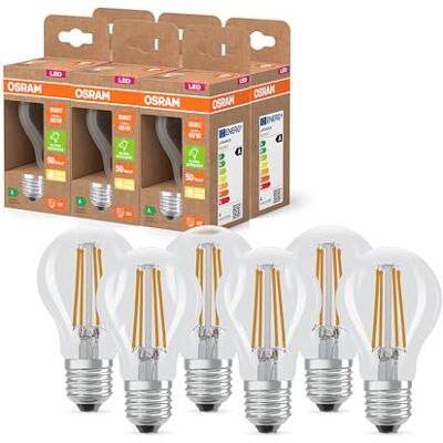 Osram LED Classic LED-Lampe mit Filament in klassischer Kolbenform, klarer Glasleuchtkörper, 3.8 W, E27 Fassung, EEK A, 806 lm für die Allgemeinbeleuchtung, 6-Pack, Blanc Chaud - Publicité Osram LED Classic LED-Lampe mit Filament in klassischer Kolbenform, klarer Glasleuchtkörper, 3.8 W, E27 Fassung, EEK A, 806 lm für die Allgemeinbeleuchtung, 6-Pack, Blanc Chaud - Publicité