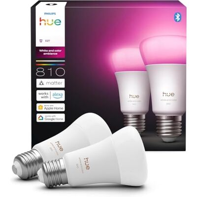 Philips White & Color, Ampoule LED A60, 810lm, Pack de 2, Multicolore Ampoule Connectée RGB, E27, 6W, Dimmable jusqu'à 0.2%, Bluetooth, Contrôle via Hue Bridge, Alexa, Google & Apple Home - Publicité Philips White & Color, Ampoule LED A60, 810lm, Pack de 2, Multicolore Ampoule Connectée RGB, E27, 6W, Dimmable jusqu'à 0.2%, Bluetooth, Contrôle via Hue Bridge, Alexa, Google & Apple Home - Publicité