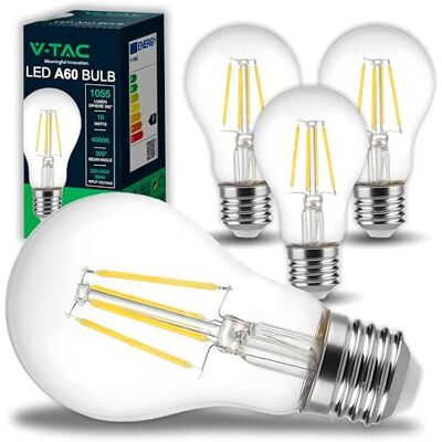 V-TAC 4x Ampoules LED Filament E27 A60-10W (équivalent 75w) 1055 Lumen Ampoule LED Verre Efficacité Maximale et Économie d'Énergie 4000K Blanc Neutre - Publicité V-TAC 4x Ampoules LED Filament E27 A60-10W (équivalent 75w) 1055 Lumen Ampoule LED Verre Efficacité Maximale et Économie d'Énergie 4000K Blanc Neutre - Publicité