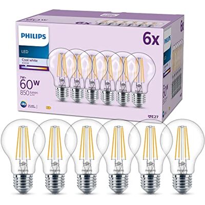 Philips pack de 6 ampoules LED E27, 60W, transparentes, 4000K, blanc froid, verre - Publicité Philips pack de 6 ampoules LED E27, 60W, transparentes, 4000K, blanc froid, verre - Publicité