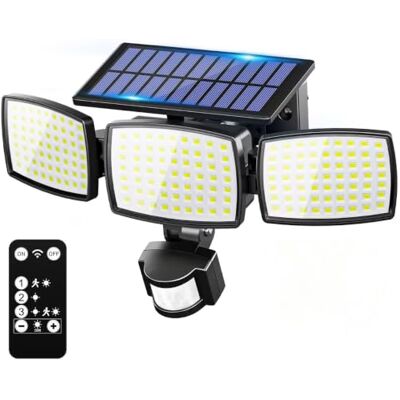 AIXPI Lampe de sécurité solaire d'extérieur 189 LED 1200 lm, 3 modes, lampes solaires d'extérieur avec télécommande, 3 têtes, détecteur de mouvement, projecteur solaire d'extérieur IP65 pour cour, garage 1P - Publicité AIXPI Lampe de sécurité solaire d'extérieur 189 LED 1200 lm, 3 modes, lampes solaires d'extérieur avec télécommande, 3 têtes, détecteur de mouvement, projecteur solaire d'extérieur IP65 pour cour, garage 1P - Publicité