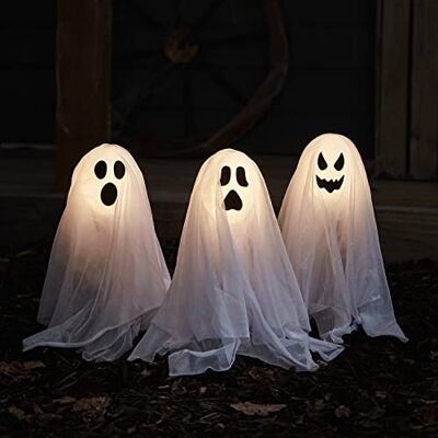 Lights4fun Set de 3 Fantômes Lumière d'halloween avec Piquet de Terre – à Piles et avec minuterie – Décoration pour l’intérieur et l’Exterieur – Blanc décor Gothic - Publicité Lights4fun Set de 3 Fantômes Lumière d'halloween avec Piquet de Terre – à Piles et avec minuterie – Décoration pour l’intérieur et l’Exterieur – Blanc décor Gothic - Publicité