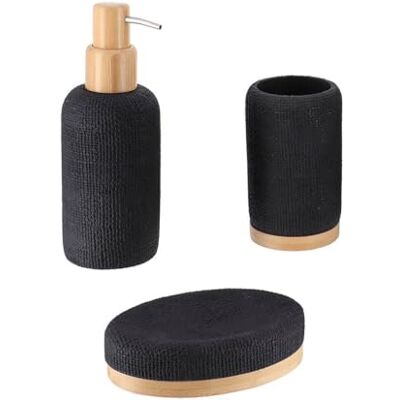 TENDANCE Set Gobelet Distributeur à Savon et Porte Savon Polyrésine Effet Maille et Bambou Noir Salle de Bain Accessoire Salle de Bain à Poser - Publicité TENDANCE Set Gobelet Distributeur à Savon et Porte Savon Polyrésine Effet Maille et Bambou Noir Salle de Bain Accessoire Salle de Bain à Poser - Publicité