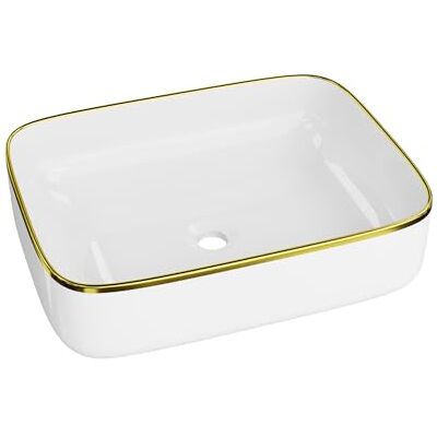 lavita Galera Gold Line Vasque rectangulaire à poser sans trop-plein ni trou pour robinet, lavabo en céramique, moderne, 50,5 x 40 x 14 cm, blanc/doré - Publicité lavita Galera Gold Line Vasque rectangulaire à poser sans trop-plein ni trou pour robinet, lavabo en céramique, moderne, 50,5 x 40 x 14 cm, blanc/doré - Publicité