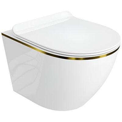 lavita WC mural suspendu avec siège de toilette, couvercle de toilette avec système d'abaissement automatique et charnières en métal Sans rebords, cuvette de toilette suspendue Sofi Slim Gold Line - Publicité lavita WC mural suspendu avec siège de toilette, couvercle de toilette avec système d'abaissement automatique et charnières en métal Sans rebords, cuvette de toilette suspendue Sofi Slim Gold Line - Publicité