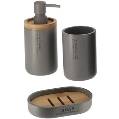 TENDANCE Set Gobelet Distributeur à Savon et Porte Savon Polyrésine Gris/Bambou Salle de Bain Accessoire Salle de Bain à Poser - Publicité TENDANCE Set Gobelet Distributeur à Savon et Porte Savon Polyrésine Gris/Bambou Salle de Bain Accessoire Salle de Bain à Poser - Publicité
