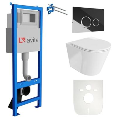 lavita LAV 101 Élément mural pour WC 40 cm + chasse d'eau suspendue au mur GALVE blanc sans bord + plaque de commande LAV 200.4.4 noir + siège WC avec abaissement automatique Kit complet encastré - Publicité lavita LAV 101 Élément mural pour WC 40 cm + chasse d'eau suspendue au mur GALVE blanc sans bord + plaque de commande LAV 200.4.4 noir + siège WC avec abaissement automatique Kit complet encastré - Publicité